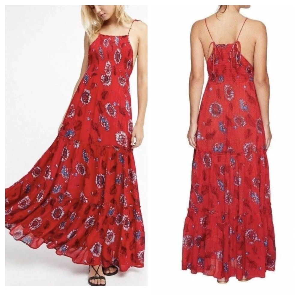 Free People intimately garden party Red Floral Maxi Dress Strappy 36175